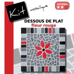 Kit Mosaïque Support bois Carré décoré avec des Emaux de Briare dans les tons gris et noirs et d’une fleur rouge