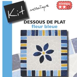 Kit Mosaïque Support bois Carré décoré avec des Emaux de Briare dans les tons bleues et jaunes avec une fleur bleue centrale