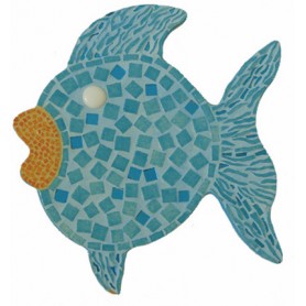 Support bois Forme Poisson décoré avec des Emaux de Briare couleur BAHAMAS (corps du poisson) et MANDARINE (bouche) et du Miroir