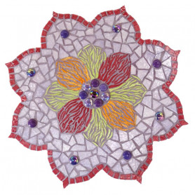 Support en Bois forme de Mandala décoré avec des Emaux de Briare Harmonie dans des tons rose, violet et vert