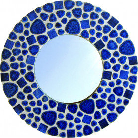 Support bois forme Miroir rond décoré avec des Emaux de Briare couleur CARAÏBES et des galets japonais bleu de Chine