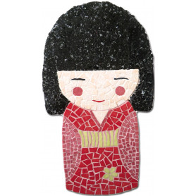 Support bois forme Kokeshi décoré avec des Emaux de Briare couleur PÉTALE, PIVOINE, FUCHSIA et MARJOLAINE et de la Crackle NOIR