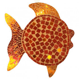 Support bois forme Poisson décoré avec des Emaux de Briare couleur TUILE et du miroir JAUNE et ROUGE