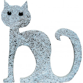 Support bois chat assis décoré avec de la mosaïque crackle DIAMANT unie et des mini-cabochons NOIR