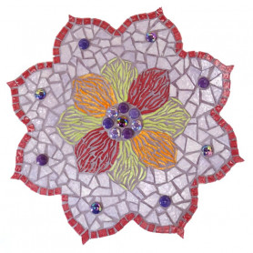 	Support bois Mandala décoré avec des mini-cabochons VIOLETTE et des Emaux de Briare CAMPANULE, MANDARINE, FUCHSIA et MARJOLAINE