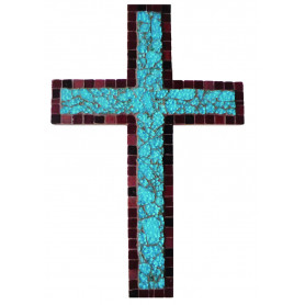 Support Bois en forme de Croix décoré avec de la mosaïque crackle TURQUOISE et de la mini-porcelaine CHOCOLAT et CARAMEL