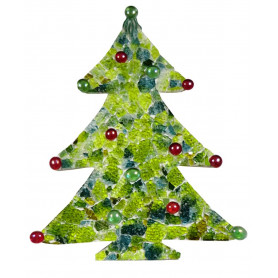 Support Bois en forme de Sapin avec pied décoré avec de la mosaïque crackle VERT MARBRÉ et des billes de verre ROUGE