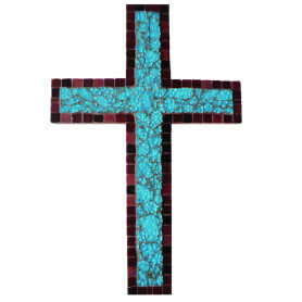 Support bois Forme de Croix décoré avec de la Crackle TURQUOISE, de la micro-mosaïque CHOCOLAT et du joint mosaïque CHOCOLAT